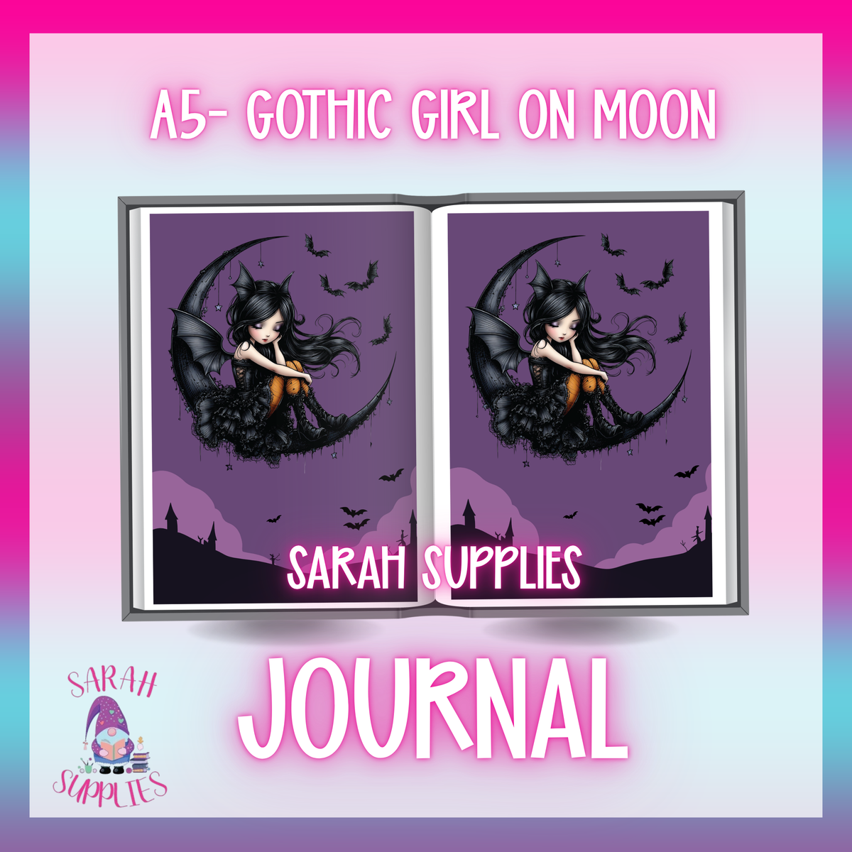A5 -  Gothic Girl On Moon Sublimation Journal - Refillable - Bookmarked
